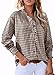 Astylish Women's Button Down Plaid Shirt Casual Tops 2025 Fall Flowy Long Sleeve Ruffle V Neck Trendy Checkered Blouses Coffee X-Large