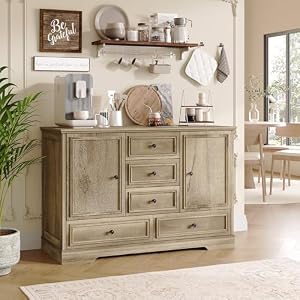 GarveeHome 47” Farmhouse Sideboard Buffet Cabinet,5 Drawers,2 Doors,Oak
