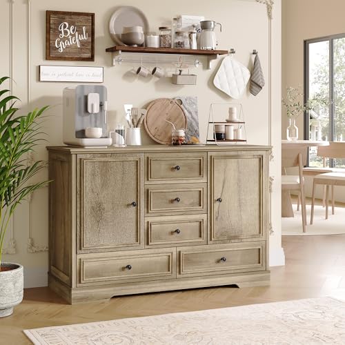 GarveeHome 47" Farmhouse Sideboard Buffet Cabinet, Sideboard Storage credenza with 5 Drawers and 2 Doors, Wood Coffee Bar Cabinet, Buffet Table for Di