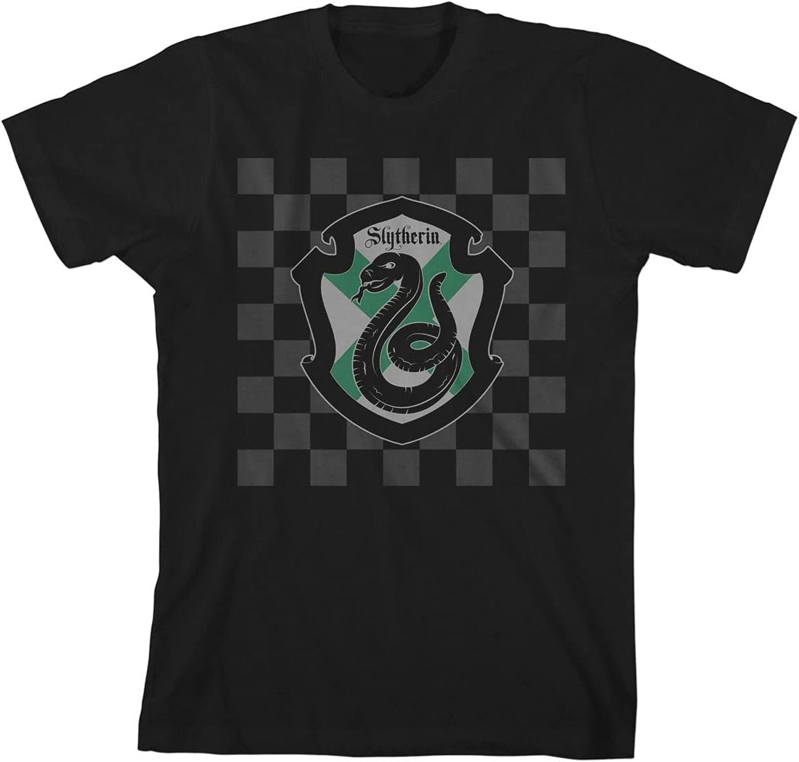 Harry Potter Slytherin Shield on Checkered Background Black T-Shirt Toddler Boy to Youth Boy