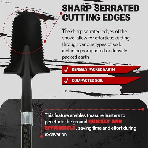 CKG Carbon Metal Detecting Shovel Digging Tool with Double Serrated Blade – Lightweight Digger Garden Root Cutter, Spade Professional Metal Detector Accessories, Gold Digger Shovel - Carbon Black - Thumbnail 6