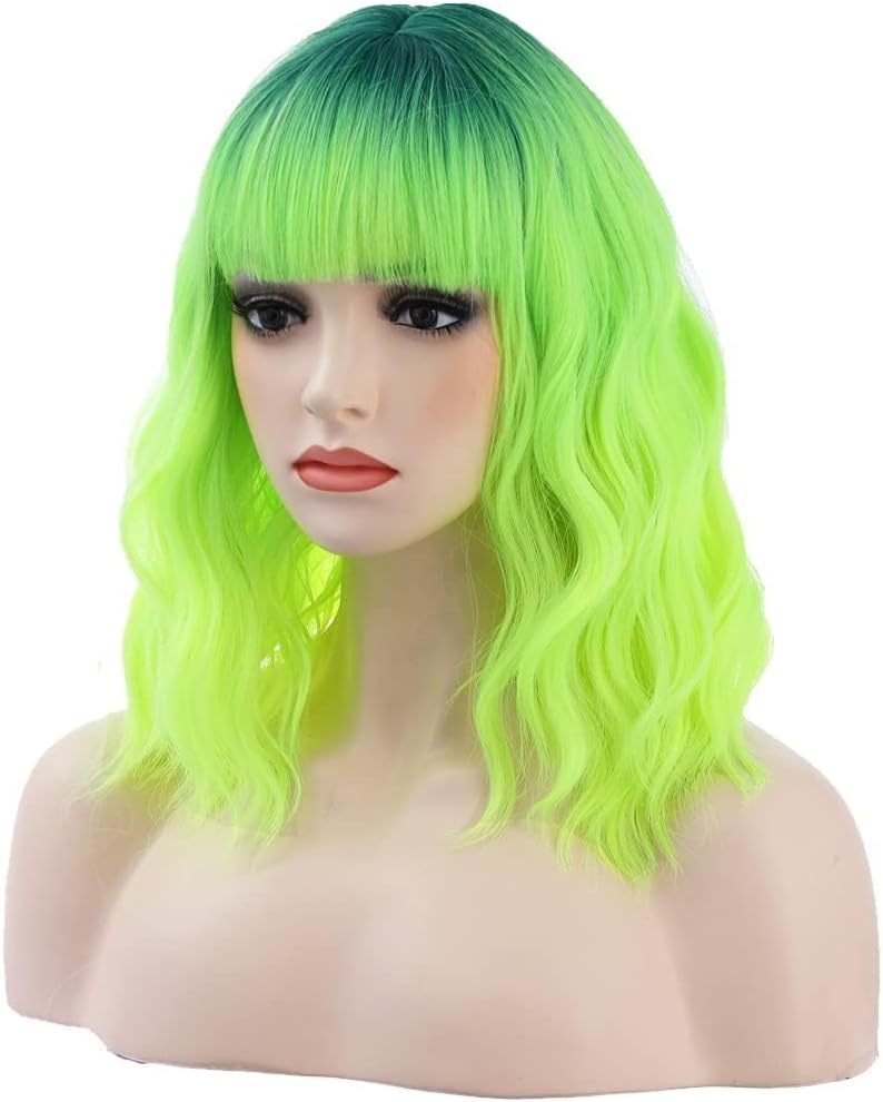 BERON 14 Inches Dark Root Ombre Green Wig Short Curly Wig with Bangs Green Wig Synthetic Wigs Women Girls Ombre Wig with Wig Cap