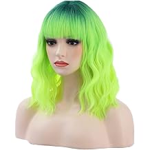 BERON 14 Inches Neon Green Wig with Bangs Short Curly Lemon Green Wigs with Dark Root for Women Daily Party Hairnet Include