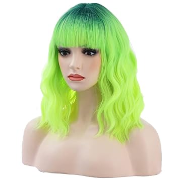 BERON 14 Inches Neon Green Wig with Bangs Short Curly Lemon Green Wigs with Dark Root for Women Daily Party Hairnet Include
