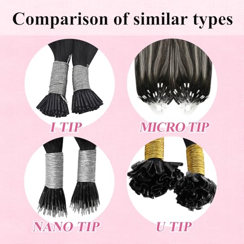 Image of YoungSee Micro Loop Hair Extensions Real Human Hair Ombre Microlink Hair Extensions Balayage Black with Silver Microbead Hair Extension Human Hair Straight 24 Inch for Prom 57g 50s