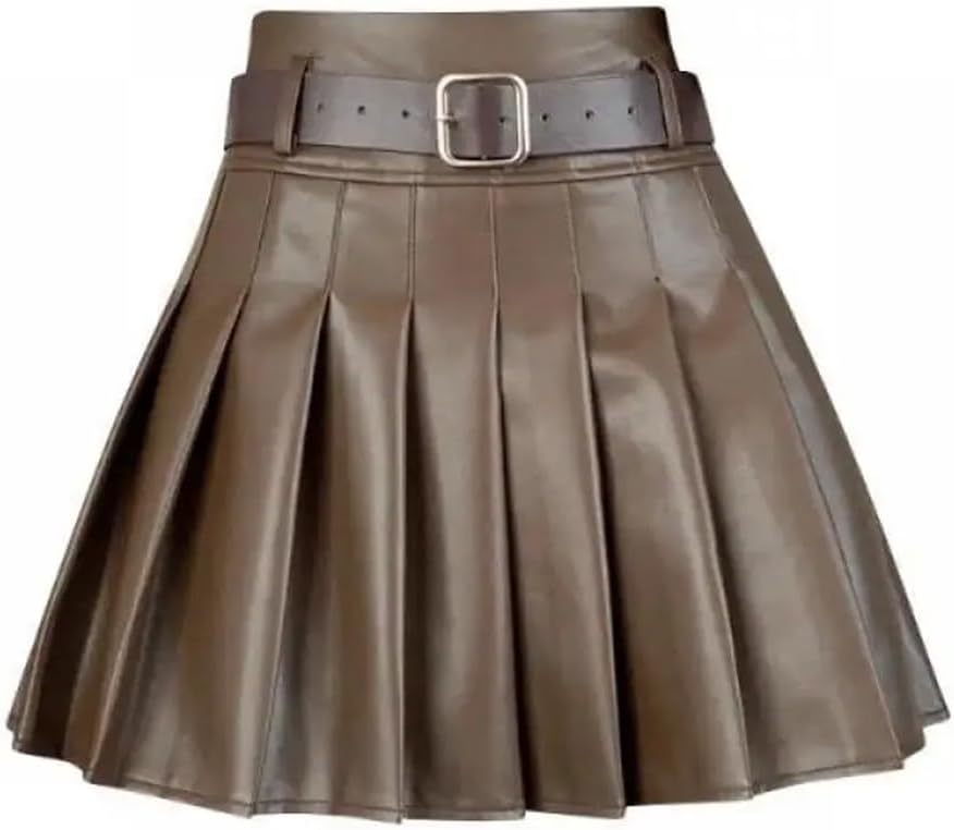 Suwequest Women Pleated Skirts Black Khaki Autumn Winter Skirts Girls PU Leather Skirts High Waist Skirts