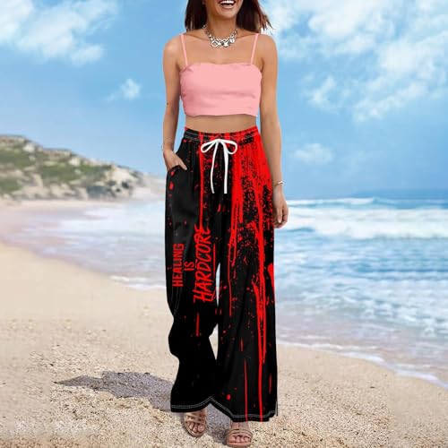 Women Casual High Waist Wide Leg Pants Halloween Bloody Long Palazzo Pants Horror Lounge Drawstring Trousers with Pockets2