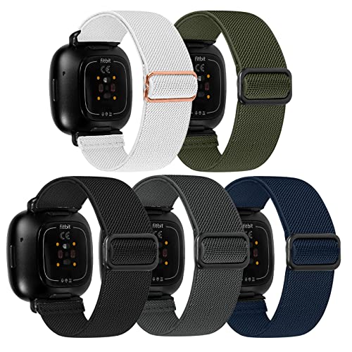 LHXYUO Sport Solo Loop Lot de 5 bracelets de rechange réglables en nylon tressé compatible avec Fitbit Versa 3/Sense pour homme et femme Taille S et L, Pas de gemme