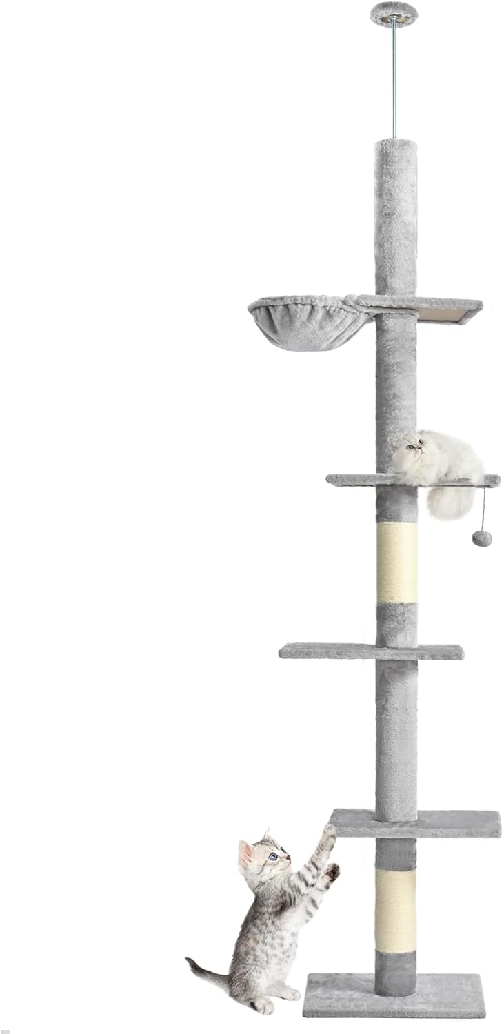 Cat Craft Floor to Ceiling Cat Tree,5 Tiers Tall Cat Tower with Adjustable Height(98-110),Skinny Ceiling Cat Tree with Cozy Hammock,Sisal Scratching Posts,Platforms,and Hanging Balls for Large Cats