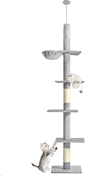 Cat Craft Slim 5-Tier Floor-to-Ceiling Cat Tower, Adjustable 98-110 Inch Space-Saving Tall Cat Tree, Equipped with Hammock, Sisal Scratching Posts, Platforms & Hanging Toys for Large Cats