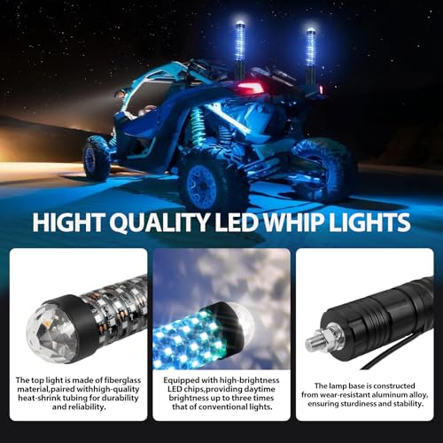 DEERMOTO 2PCS 1FT Fat Whip Light with Warning Light Spiral RGB LED Whip Lights with APP&Remote Control,Chasing Lighted Antenna Whips for UTV ATV Can-Am X3 RZR Can-Am Polaris Buggy Jeep Offroad (1ft)