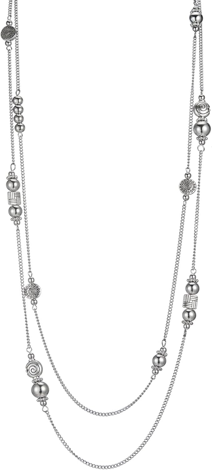 BULINLIN Layered Silver Long Necklace for Women Turquoise Stone Beaded Strand Sweater Chain Necklaces Fashion Costume Jewelry Gifts for Mom