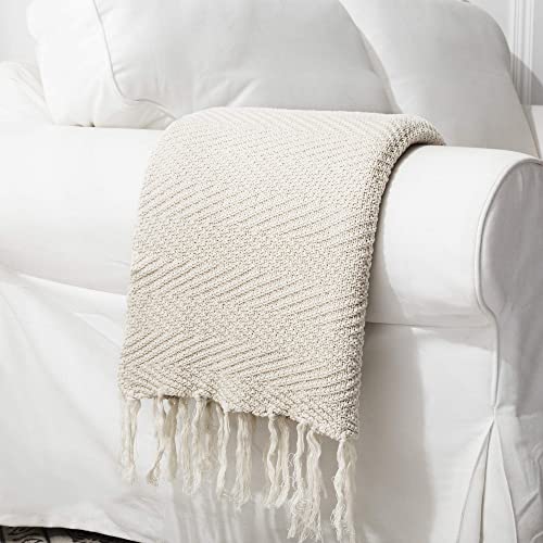 Longhui Bedding Cream Fringe Knit Cotton Throw Blanket, 60 X 80 Inches Decorative Knitted Cover With 6 Inch Tassels, Bonus Laundry Bag – Bed Blankets, Beige Ivory - 3.85Lb #TOP4