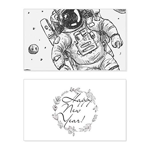 Tarjeta conmemorativa de año nuevo con mensaje emotivo de astronautas y monstruos espaciales