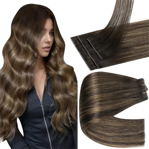 Full Shine Injected Seamless Hair Extensions Clip in, Dark Brown Bakayage