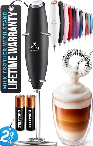 Image of Zulay Kitchen Powerful Milk Frother Wand With Duracell Batteries - Ultra Fast Handheld Drink Mixer - Electric Whisk Foam Maker for Coffee, Lattes, Cappuccino & Matcha - Z1 Motor - New Black