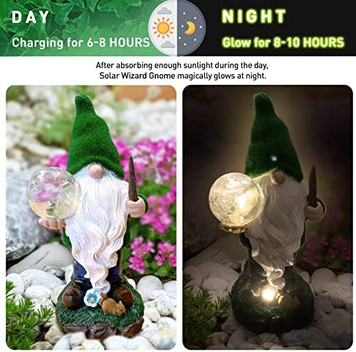 THE ENCHANTED GARDEN Garden Gnome Wizard Statue Outdoor Resin Gnome Figurine Outdoor Solar Powered LED Garden Lights Resin Garden Figurine for Patio Lawn Yard Décor
