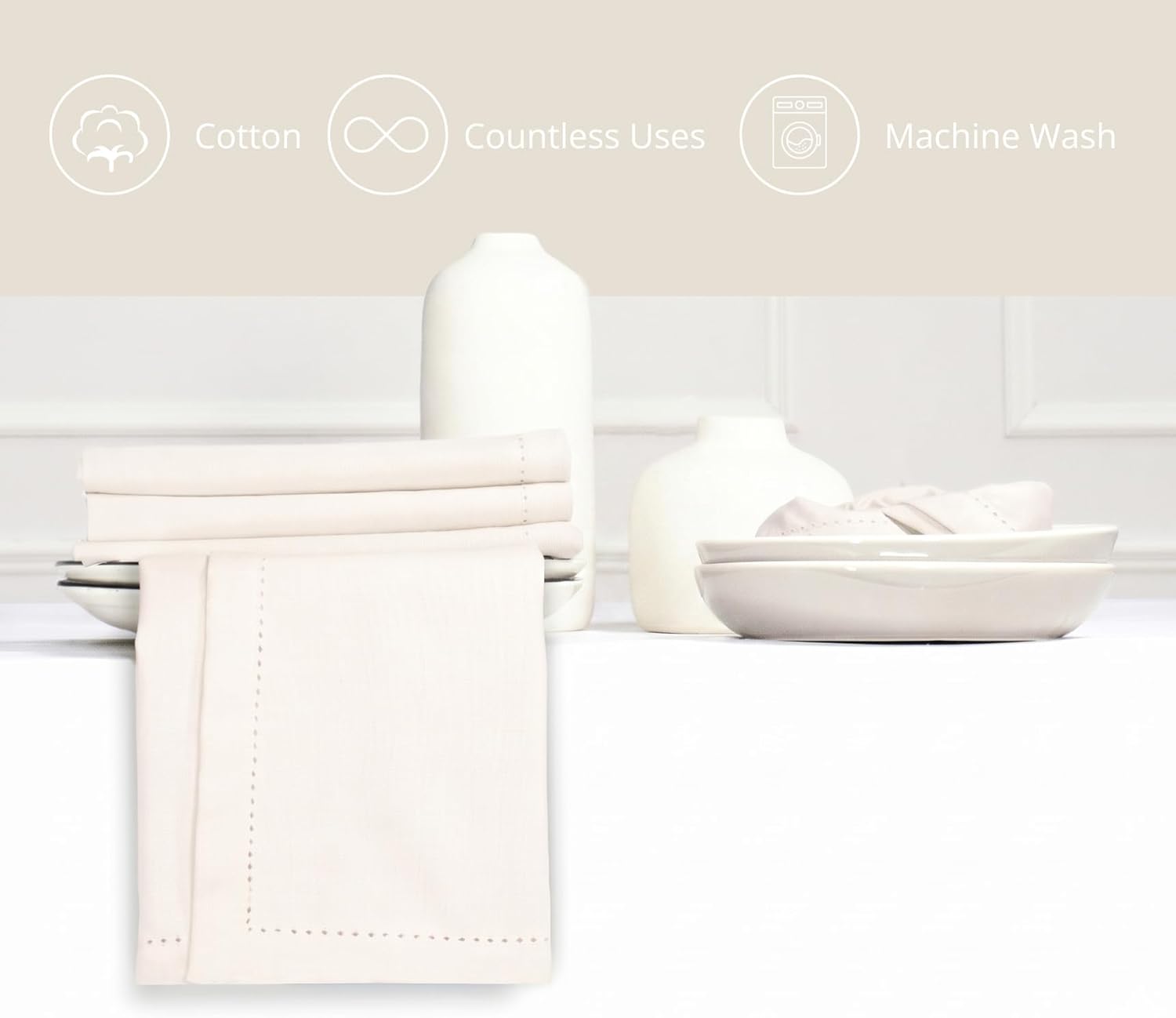 PurpleEssences Set of 12 Hemstitch Cloth Dinner Napkins 100% Cotton - Soft Durable Washable - Ideal for Wedding Spring Easter Summer - Perfect Everyday Use Table Linen 18x18 - Cream