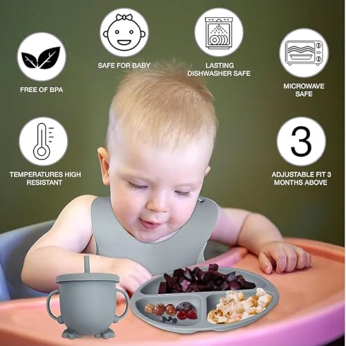 Image of Silicone Baby Feeding Set 6 Pieces with Suction Plate, Bowl, Adjustable Bib, Straw Cup, Spoon & Fork, BPA Free Baby Led Weaning Essentials - Grey