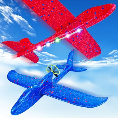 Ueyben 2 piezas avión juguete, aviones de poliestireno para niños, planeadores eléctricos de poliestireno para lanzar luces LED al aire libre juegos avión para niños niñas 4 5 6 7 8 9 10 11 12