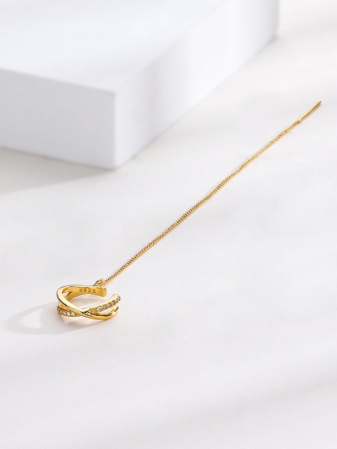 Long Chain Cuff Earrings Gold Silver Wrap Tassel Earrings Minimalist Cz Round Stud With Chain Cuff Double Piercing Jewelry Statement Fake Earrings for Women
