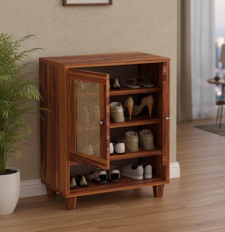 Image of Wooden Shoe Cabinet with Cane Door | 3-Shelf Shoe Rack Organizer for Hallway & Entryway Storage | Sheesham Wood Storage Unit for Shoes & Accessories (Honey Finish)