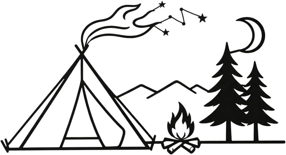 Camping Tent Campfire Starry Forest Metal Wall Art Rustic Cabin Decor (Black,32in)