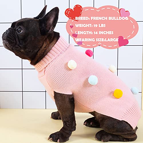 Kyeese Valentines Day Small Dog Sweater With Colorful Pompom Ball Turtleneck Dog Knitwear With Leash Hole Dog Clothes,M #TOP4