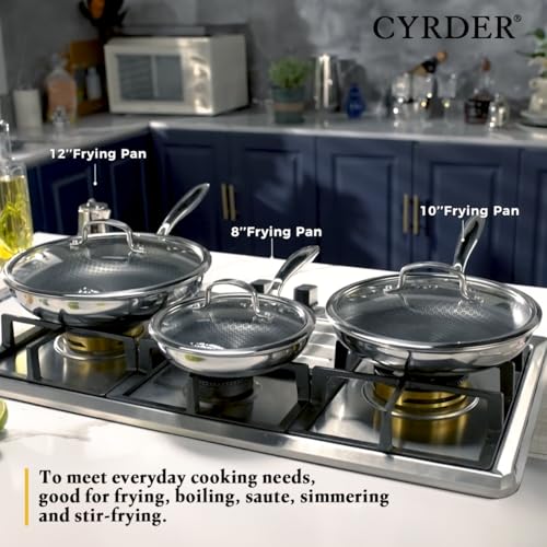 Image of Frying Pans Set Non Stick, 6 Pcs Premium 18 /10 5-Ply Stainless Steel | Hybrid Non stick 8 10 12-inch Frying Pans with Lid, Induction Compatible, PFOA Free Professional Chef Quality Cookware Set