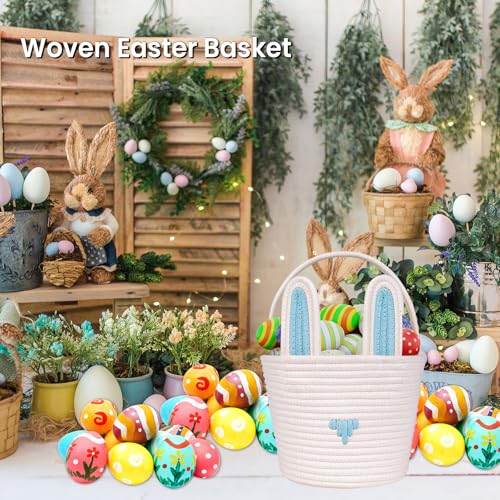 Image of Easter Basket Empty Bunny Egg Baskets With Handle And Ears Easter Gifts Cute Woven Basket (blue)