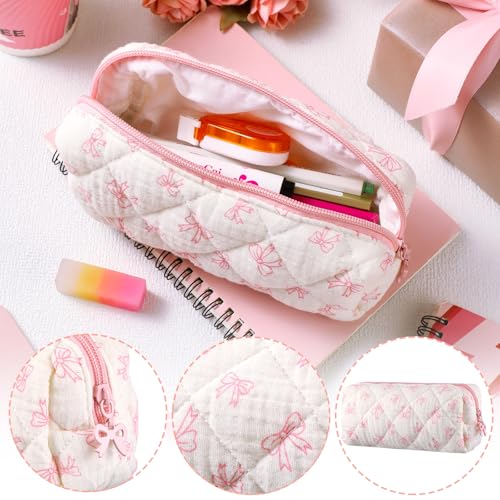 Image of Sherr Coquette Bow Pencil Case Pink Bow Cute Pencil Pouch Soft Cotton Storage Bag Aesthetic Pattern Gift Makeup Pouch Cosmetic Bag for Women