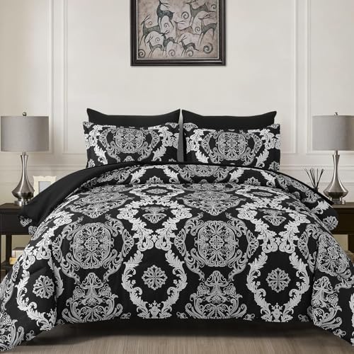 WONGS BEDDING 7 Pieces Comforter Set Queen Size, Black White Texture Bedding Set for All Season, Damask Soft and Breathable Bed in a Bag with Comforter, Flat Sheet, Fitted Sheet, Pillowcases & Shams