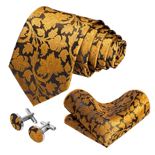 Image of 5PCS Tie and Pocket Square for Men, Silk Necktie and Handkerchief Cufflinks with Gold Ring and Lapel Pin Set