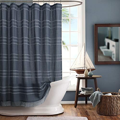 SD SDLIVING Colin Boho Gray Yarn Dyed Stripes Polyester Tassel Shower Curtain,Waterproof Handmade Trim Shower Curtains for Bathroom,Fringe Border Fabric Bath Curtains,72" W x 72" H