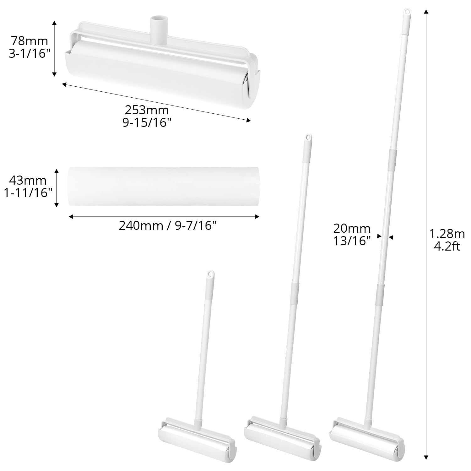 QWORK® Rullo levapelucchi estensibile da 24 cm per peli di animali con copertura antipolvere, 6 ricariche (300 fogli), manico regolabile 25-124cm