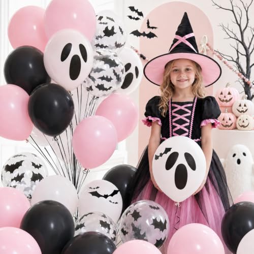Image of Halloween Balloons, Pink and Black Balloon for Halloween Party Decorations | Pastel Pink Black Balloon, White Ghost 3D Bat Print Latex Balloons, Night Halloween Spooky One Scary Birthday Party Decor