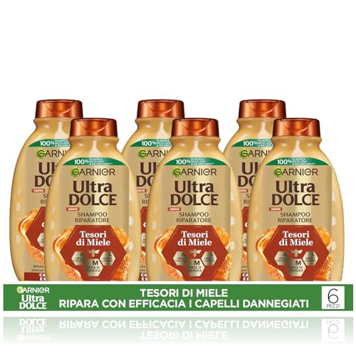 Garnier Ultra Dolce Tesori di Miele, Multipack Shampoo Riparatore, 94% Origine Naturale, Per Capelli Danneggiati, Senza Siliconi, Confezione da 6 x 300ml​
