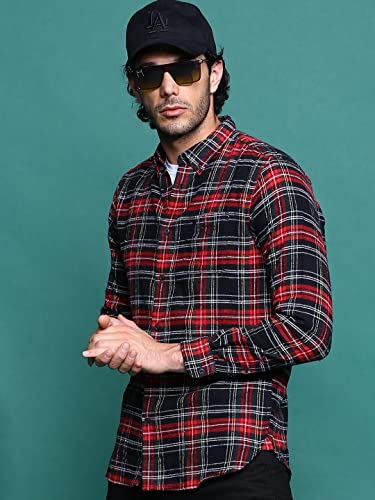 Image of THE BEAR HOUSE Men's Cotton Black & Red Checks Slim Fit Shirt | L |TBH-Anglo-BK-L |