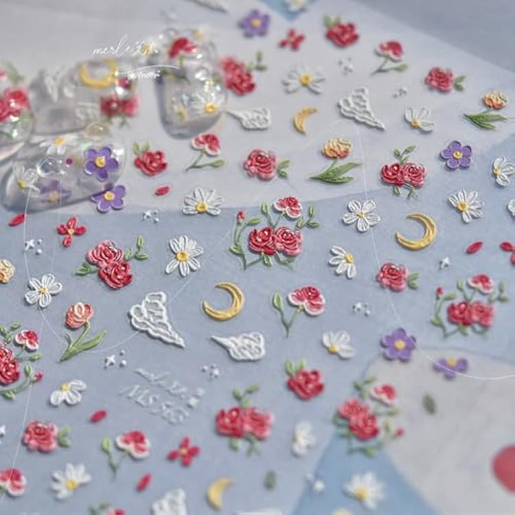 5D Flowers Nail Art Stickers Decals Self Adhesive Nail Decals Red Rose Floral Nail Stickers Manicure Sliders for Women DIY Nail Art Decorations (13.Rose Flowers)