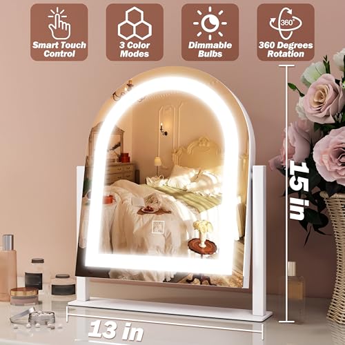 Image of FENNIO Vanity Mirror with Lights 15 inchx13 inch Makeup Mirror with Lights, Lighted Makeup Mirror Touch Screen with 3-Color Lighting, 10X Magnification, Dimmable, for Vanity Desk Tabletop(White)