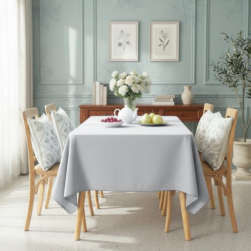 Image of Embroidered Edge Trim Rectangular Tablecloth - Water & Stain Repellent (100% Cotton) 4-8 Seater - 10 Colors - Cool Grey (150 CM X 150 CM)