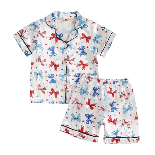 fyclemt Toddler Baby Girl Boy 4th of July Silk Pajama Set Feather Trim Short Sleeve Shirt Pajama Shorts Sleepwear Nightgown