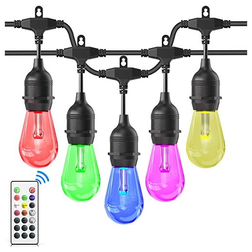 Outdoor String Lights, iBesi 48FT RGB LED String Lights Waterproof with Commercial Grade, Dimmable LED Heavy Duty Hanging Patio String Lights with Remote for Garden, Party, Bar, Cafe Shop, UL Listed.