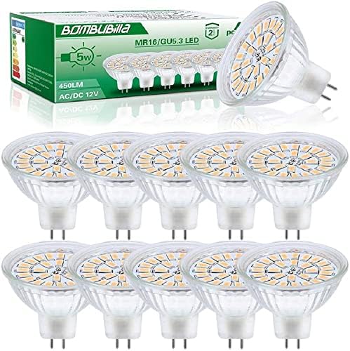 Bombubilla MR16 LED Bulbs, 12V GU5.3 LED Light Bulbs Spotlight 5W, 50W Halogen Equivalent, 3000K Warm White 120° Beam Angle with Long Lifetime, 10 Pack