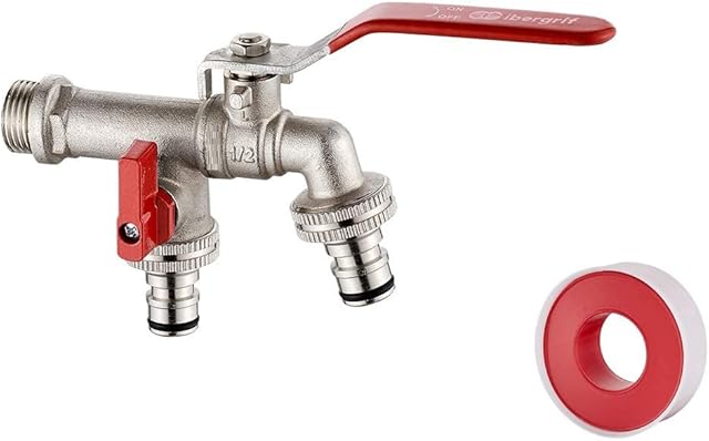 Ibergrif M22203 Double Garden Tap with Connector, G1/2 Inch Inlet and Two G3/4 Inch Outlet Outside Taps , Antifreeze -10 , High Temperature Resistance 120  Double Tap Ball Valve Outside Faucet