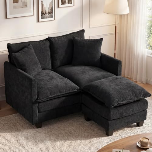 Image of 50'' L-Shape Loveseat Sofa with 22 inch Ottoman, 2 Seat Modern Cloud Couch with 2 Washable Pillows for Small Space Apartment Office Living Room Bedroom, Black