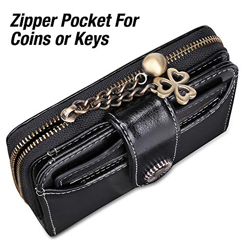 Image of GOIACII Cute Women's Wallets Ladies Leather Billfold Small Black | RFID Blocking, Oil Wax Leather, 2 ID Windows, Compact Size, Multiple Card Slots, Zipper Coin Pocket, Bifold Card Holder