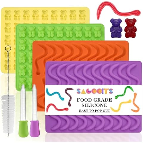 SAGOOITS Gummy Bear and Worm Mold Silicone, No Stick Chocolate Candy Gummy Molds,Pack of 4 with 2 Droppers,SAGOOITS Large Gummy Bear Molds Candy Molds Cover
