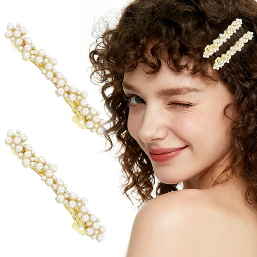 2 Pcs Pearl Hair Barrettes for Women, Elegant Gold Hair Clips with Pearls, Fancy French Barrette Hairpins Decorative for Weddings, Parties, Daily Use