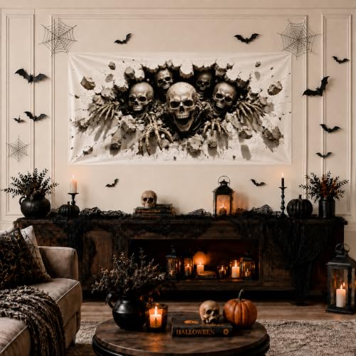 Image of Halloween Decorations Outdoor, Plastic Backdrop 65 inch x 32.7 inch, Skull Halloween Backdrop for Home, Wall, Window, Spooky Party, Indoor Outdoor Halloween Decorations